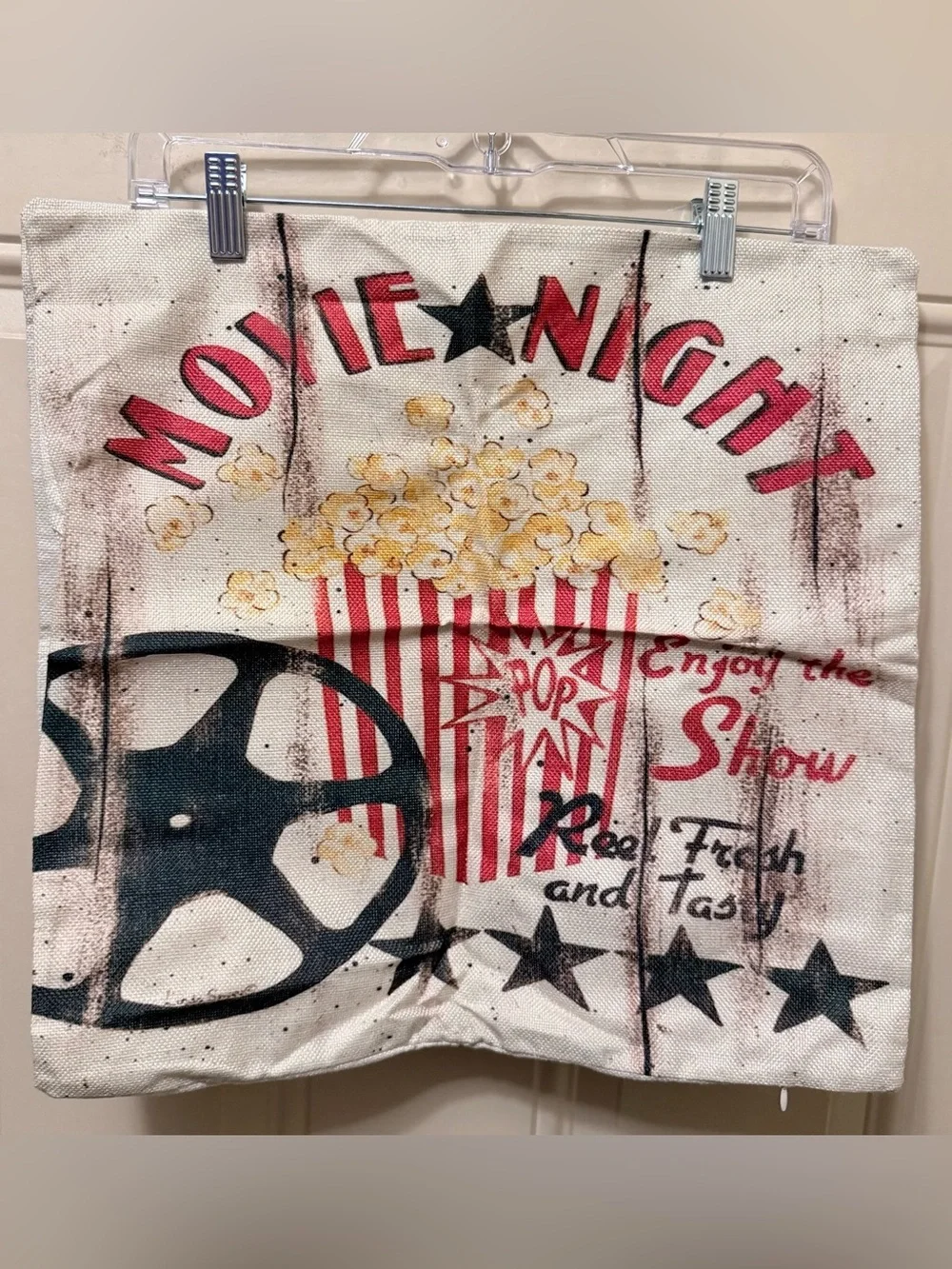Movie Night Throw Pillow Covers Set of Four in Cream Black and Red
